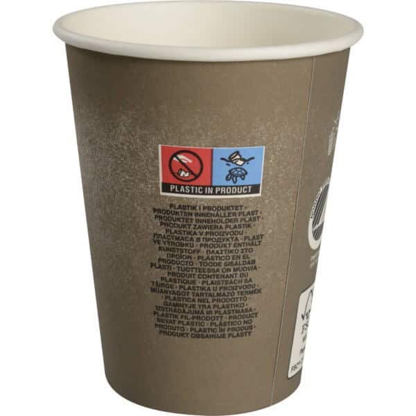 Kaffebæger - grå grafik - Svanemærket og FSC mærket - 36 cl - bagside med tekst