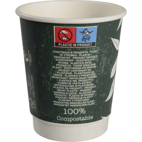 Double Wall papkrus - bionedbrydelig - Green Leaves - 24 cl - bagside med lovtekst