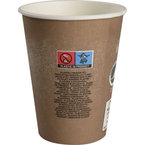 Kaffebæger - bio - brun grafik - Svanemærket - CPLA coating - 36 cl - bagside med lovtekst