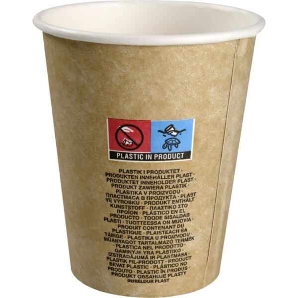 Kaffebæger på 36 cl og i brunt design, set fra bagsiden
