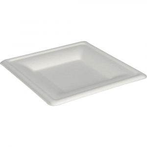 En flot firkantet bagasse tallerken på 16 x 16 cm