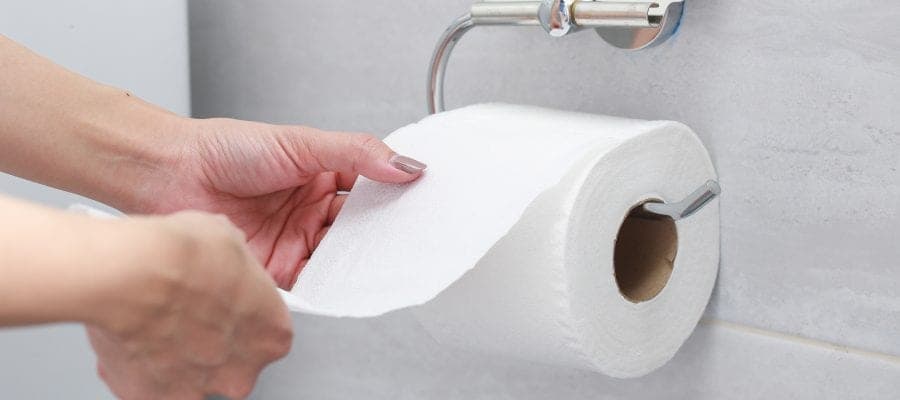 Toiletrulle på holder i badeværelse