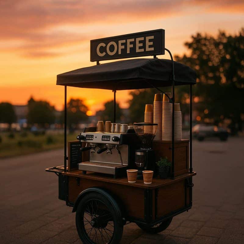 Kaffevogn som serverer kaffe i papkrus to go